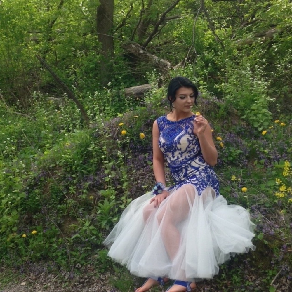 Angela & Alison Blue and White Prom Dress